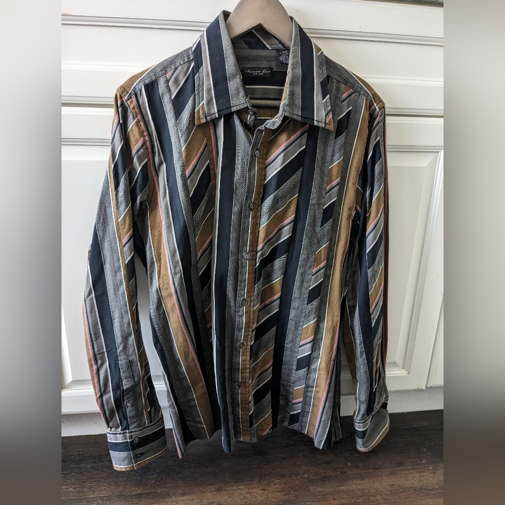 Mens Retro Western Kenneth Cole NY Button Down striped shirt large